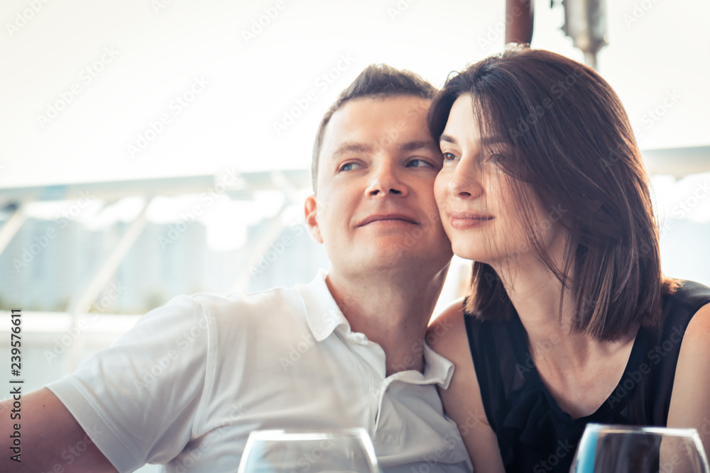 Romantic couple handsome man beautiful woman portrait embracing together happy marriage relationship lifestyle concept togetherness 