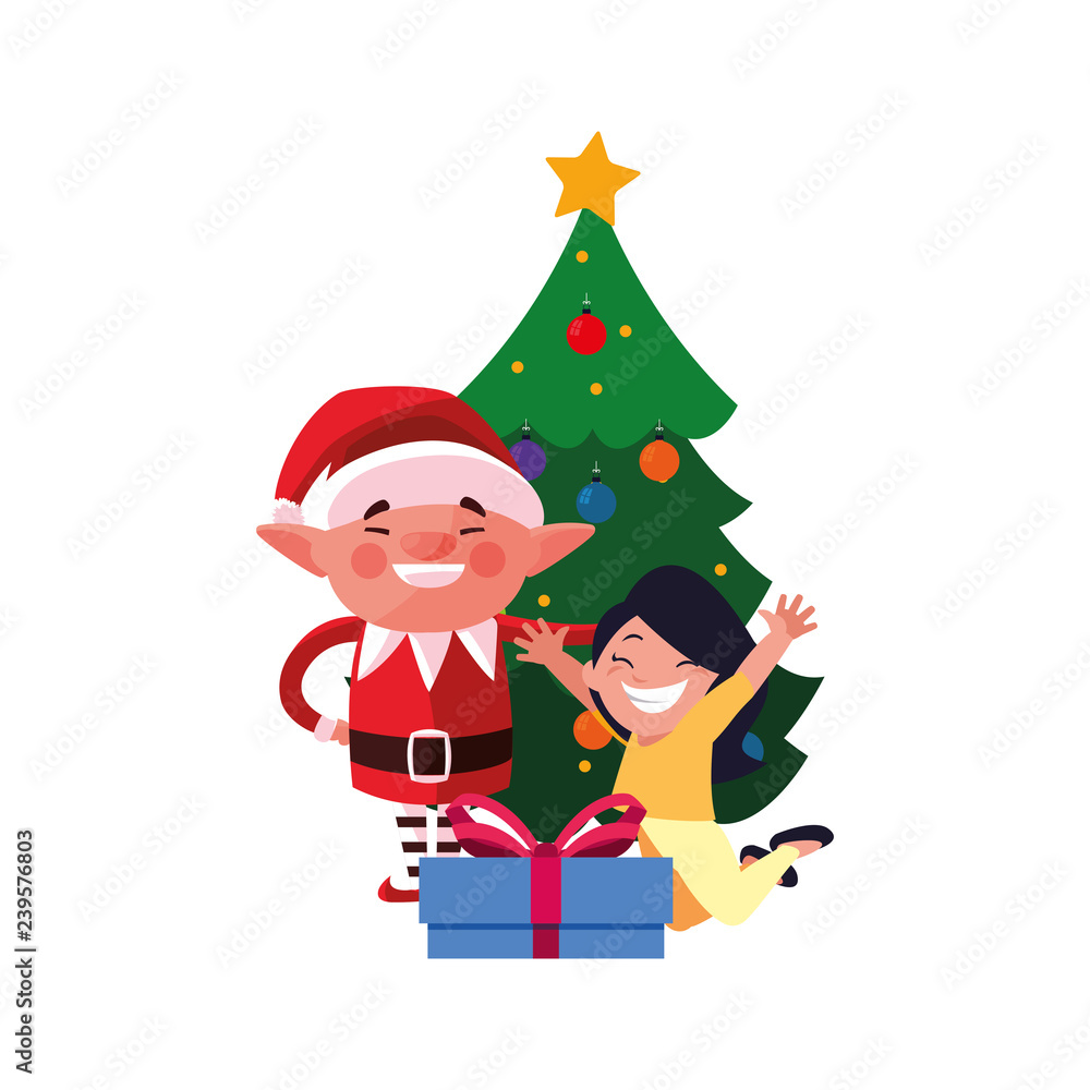christmas elf with girl and gift tree
