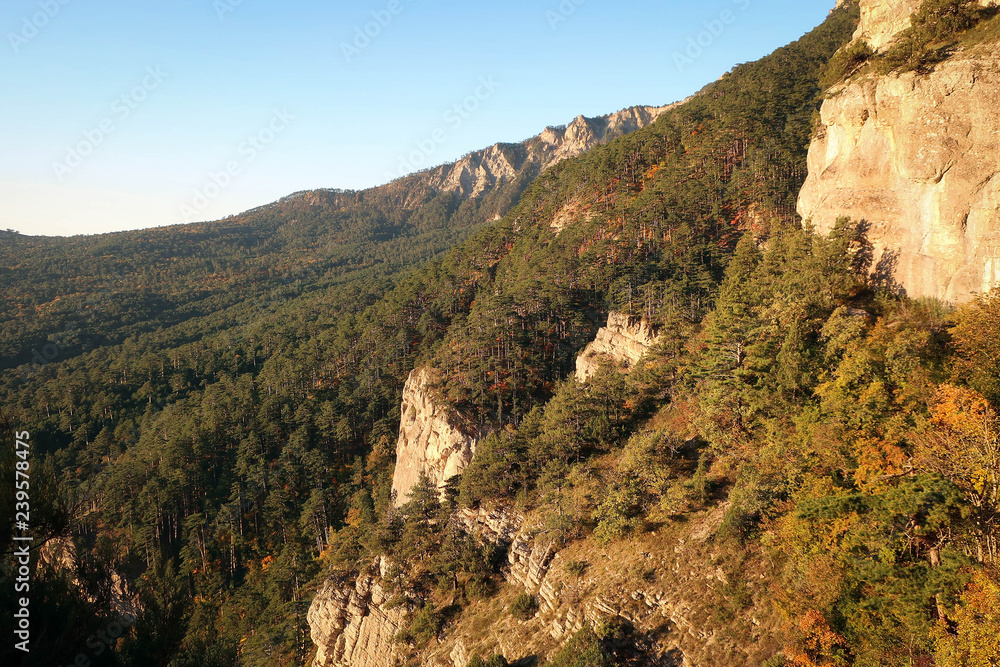 Sharp cliffs of mountains of South Coast of Crimea near Yalta, Russia