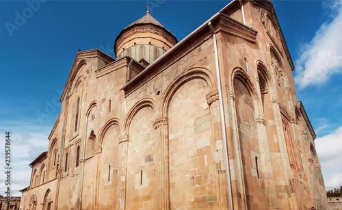 Tower of historical orthodox Svetitskhoveli Cathedral, built in 4th century in Mtskheta, Georgia. UNESCO World Heritage Site