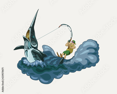 Happy fisherman riding a Marlin vector illustration