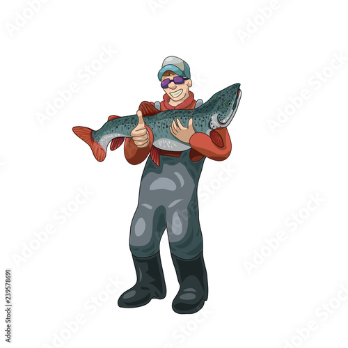 Smiling fisherman holding a big fish vector illustration
