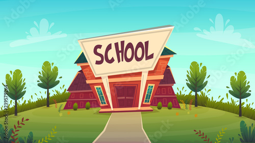 back to school illustration . red building street education fasade cartoon funny happy style . vector illustration