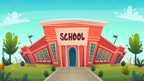 school . day of knowledge funny cartoon background ,  warm autumn education card cover in red green bright colours with clear blue sky clouds . high school comic style vector illustration 