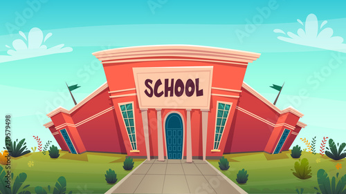 school . day of knowledge funny cartoon background ,  warm autumn education card cover in red green bright colours with clear blue sky clouds . high school comic style vector illustration 
