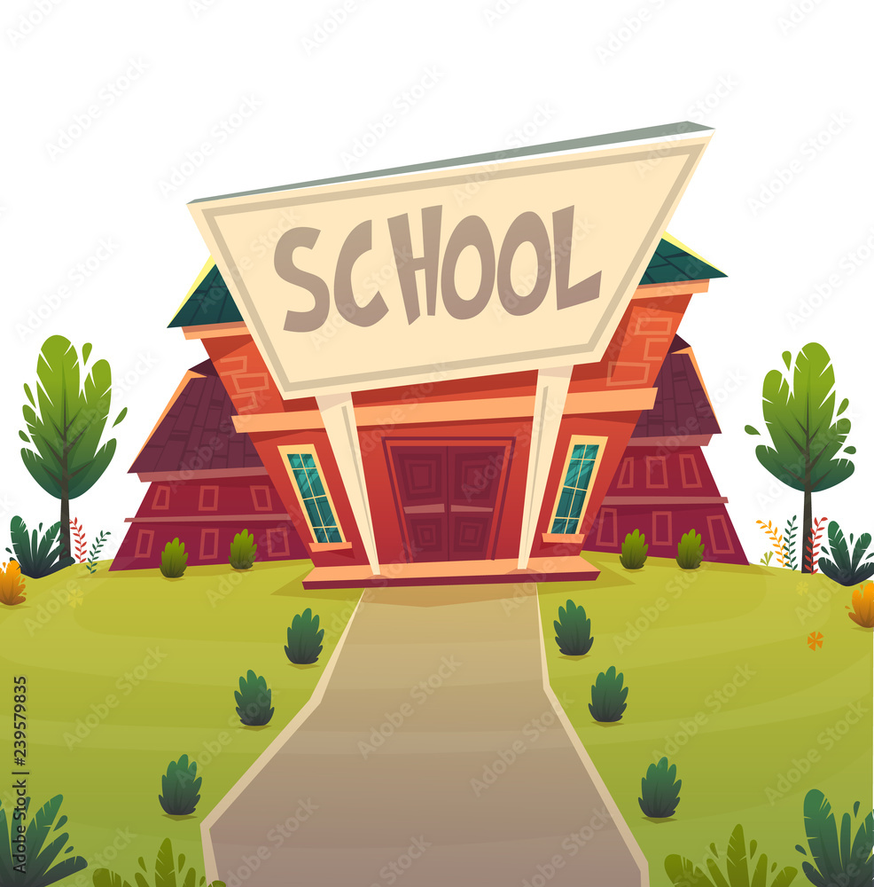 school . day of knowledge funny cartoon background ,  warm autumn education card cover in red green bright colours isolated on white background . high school comic style  illustration 