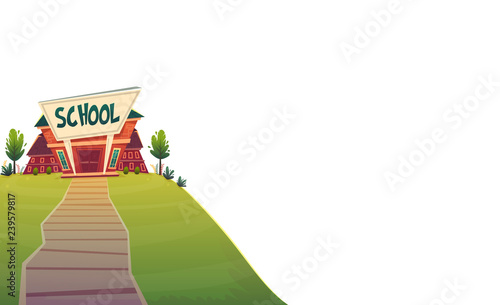 school . day of knowledge funny cartoon background ,  warm autumn education card cover in red green bright colours isolated on white background . high school comic style  illustration 