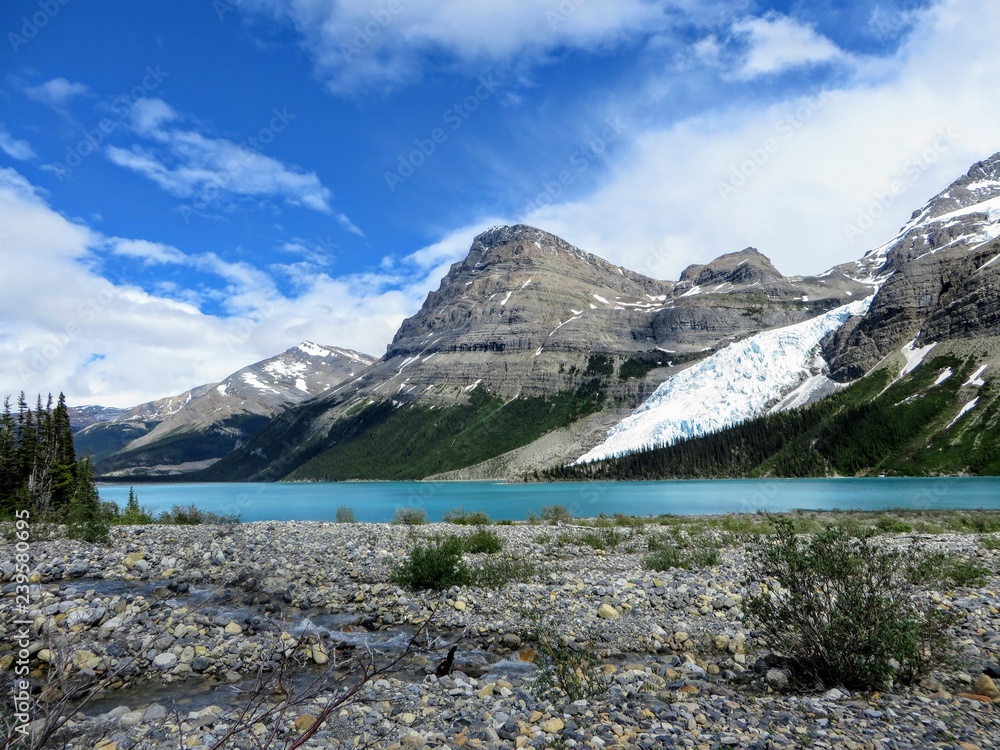 An open valley of rocks and creeks leading towards the teal waters of Berg Lake and Mount Robson Glacier, in Mount Robson Provincial Park, British Columbia, Canada
