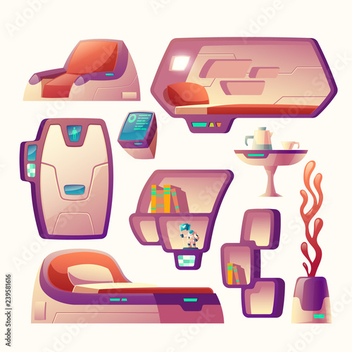 Vector cartoon set with futuristic objects for spaceship cockpit isolated on background. Furniture for spacecraft interior, compartment for sleeping, bed, metal door, shelves and chair, pot with plant