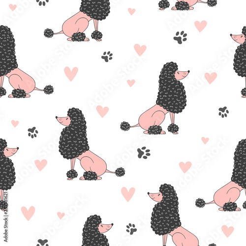 Seamless vector pattern with cute pink and black poodle dog.