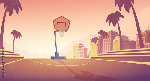 Vector cartoon background with basketball court in city, athletic field with backboard, basket and ring. Outdoor sports ground for play streetball. Urban concept landscape with playground in sunset