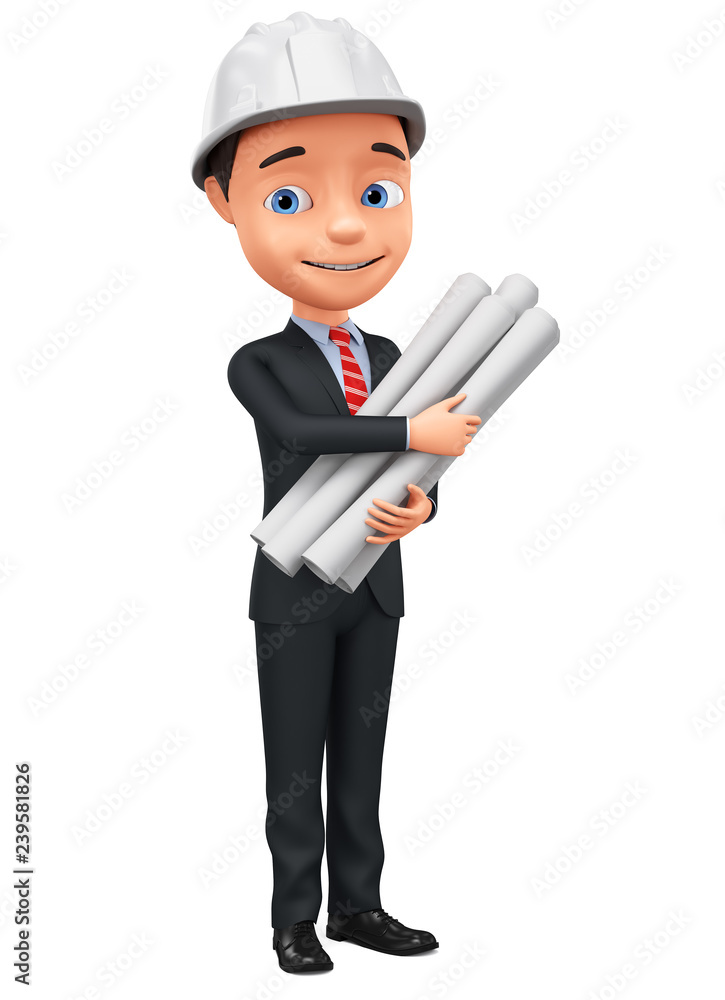 Character cartoon businessman with drawings on a white background. 3d rendering. Illustration for advertising.