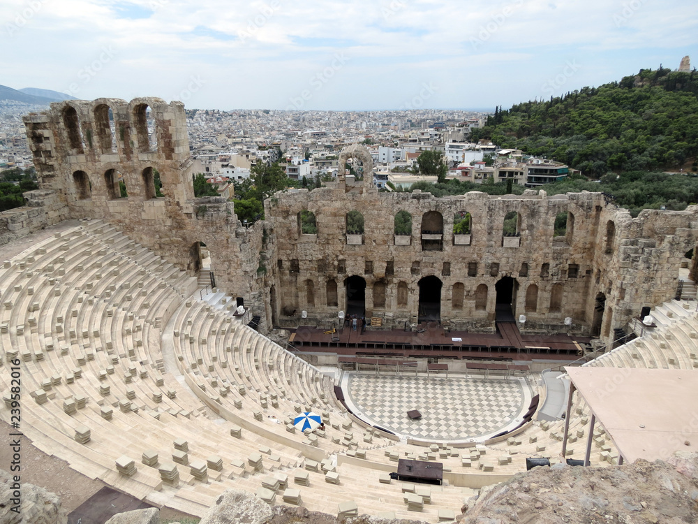 Europe, Greece,Athens,ancient amphitheatre and  panorama of the city in fine weather