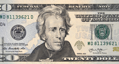 President Andrew Jackson on US 20 dollar bill close up, Unites States federal fed reserve note.