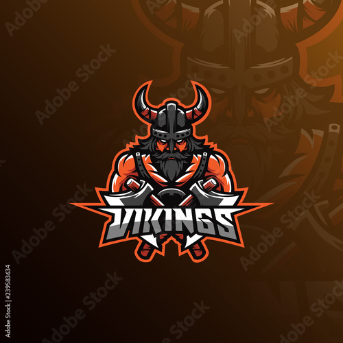 viking vector mascot logo design with modern illustration concept style for badge, emblem and tshirt printing. angry viking illustration with axes behind.
