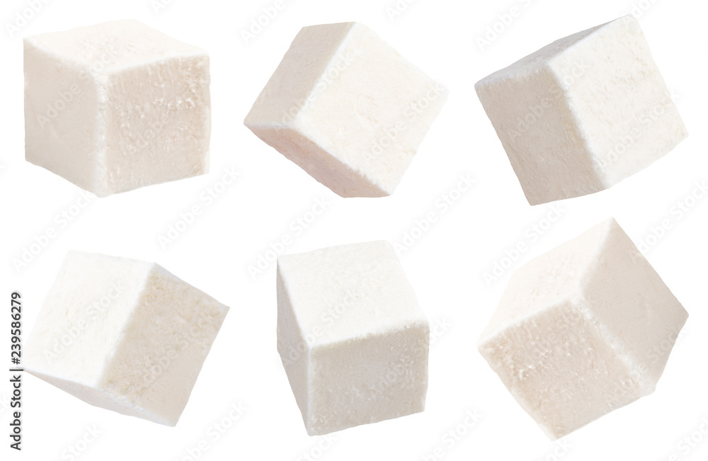 Greek feta cubes. Feta cheese isolated on white background. With clipping path. Collection Greek feta cubes. Feta cheese isolated on white background. With clipping path. Collection
