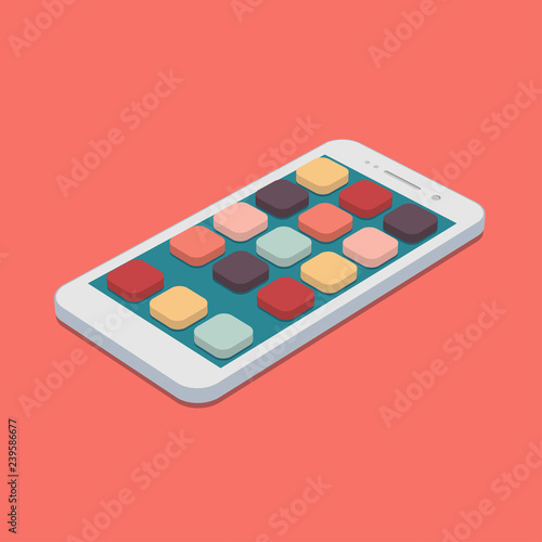 flat smartphone with app icons set on coral color background.