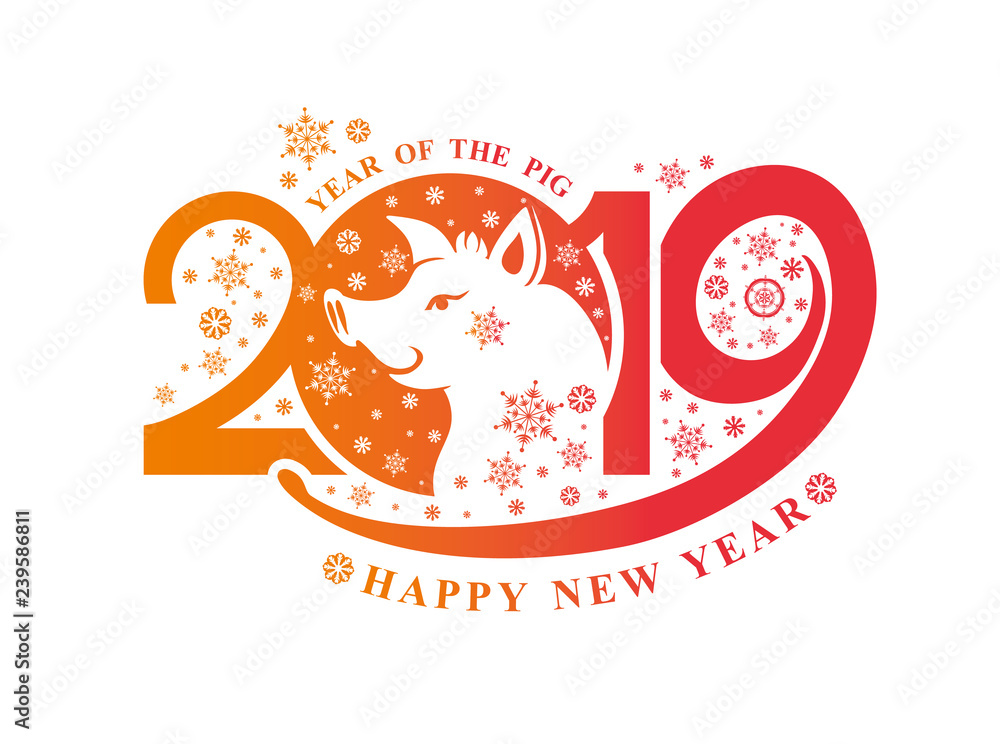 Year of the Pig. 2019. Flat pattern 2019 and smiling cute boar head and snowflakes. Vector template New Year's design on the Chinese calendar. 