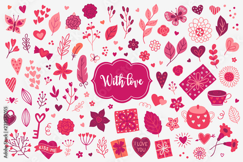 Valentine design elements with butterfly, candy, rose, flowers, leaves, cup