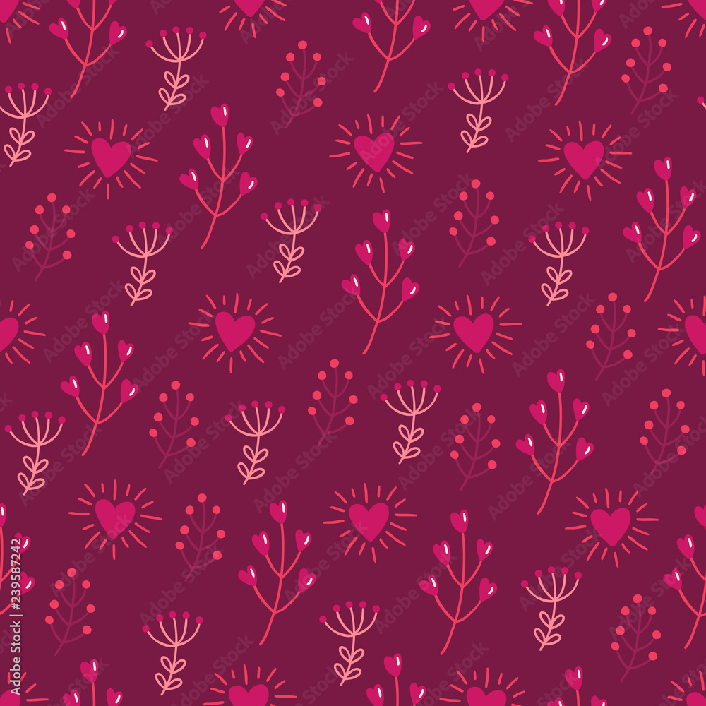 St. Valentine's Day seamless pattern with branches, hearts, berries, herbs St. Valentine's Day seamless pattern with branches, hearts, berries, herbs