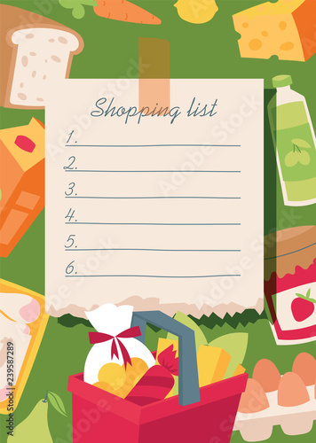 Shopping list banner vector illustration. Checklist food planning for market, everyday notebook with vegetables, basket, diary products, bread, juice, sausage, jam, egs, carrot, milk.