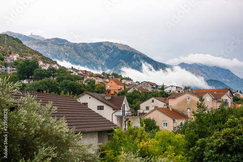 Morning fog in village in the mountains in Montenegro, Tivat.