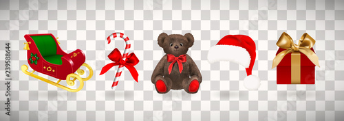 Winter holiday icons on transparent background. Set of Christmas Santa Claus slide, hat, gift box with golden ribbon, candy cane and teddy bear toy with red bow. Realistic vector illustration