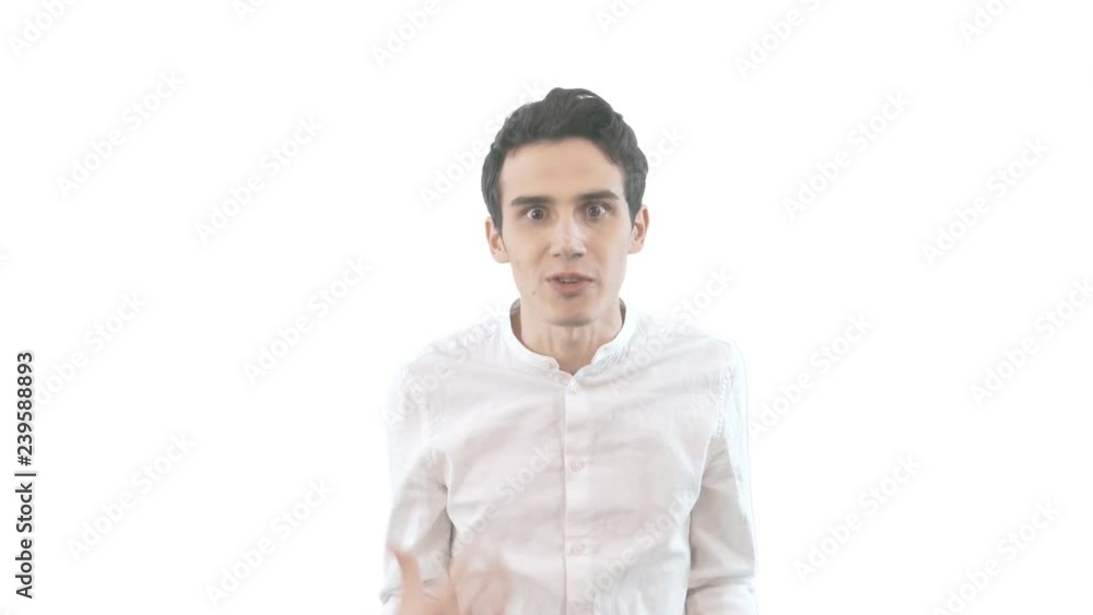 Portrait of european man expressing hate with fed up expression, standing on white background. Portrait of european man expressing hate with fed up expression, standing on white background.