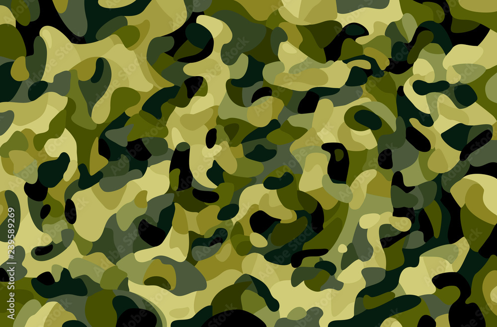 Camouflage background. Green, brown, black, olive colors forest texture.  Trendy style camo. Print. Military Theme. Vector illustration. Stock Vector