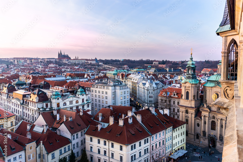 View on Prague panorama with red roofs and historic architecture