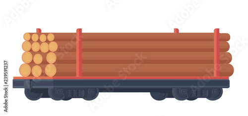 Train railway car for transportation container with raw wood. Rail freight. Forestry industry. Vector flatillustration.