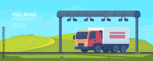 Wireless automated toll collection gate on highway. Checkpoint on the toll road. Web banner. Vector flat illustration.