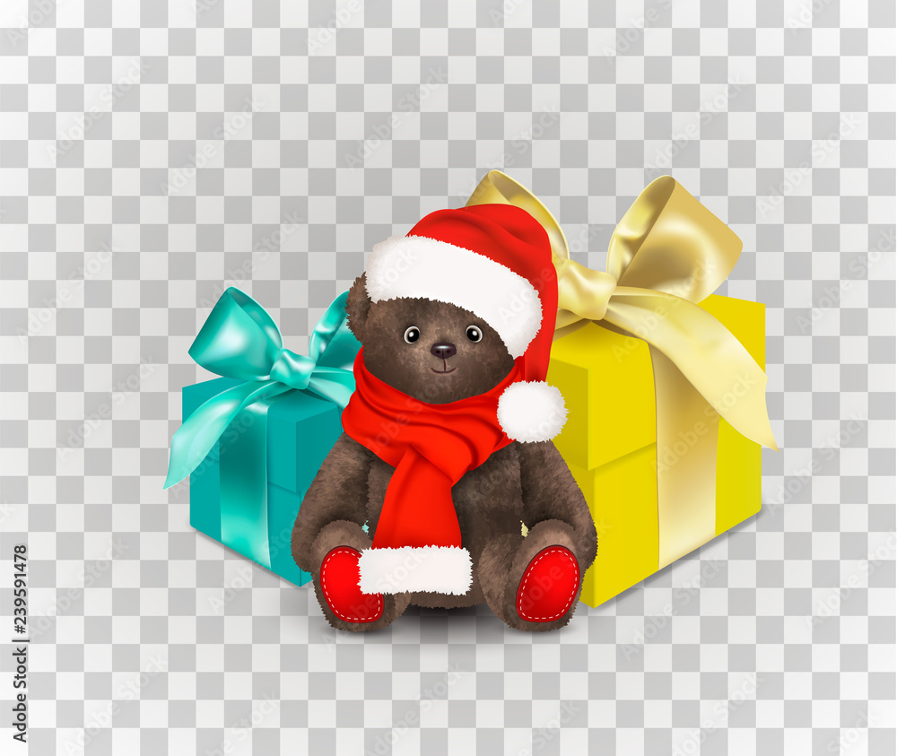Sitting fluffy cute brown teddy bear toy with christmas santa claus hat and red long scarf. Children's toy isolated on transparent background with two gift boxes with bows or ribbons.