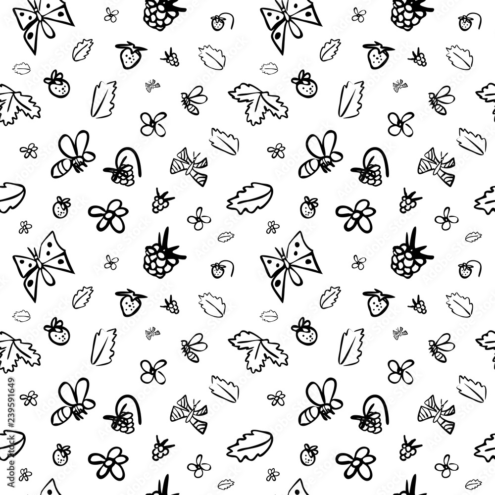 Vector seamless pattern with berries,butterflies, bees, flowers and leaves,black on a white background. Great for product design for kids. Hand drawn Vector seamless pattern with berries,butterflies, bees, flowers and leaves,black on a white background. Great for product design for kids. Hand drawn