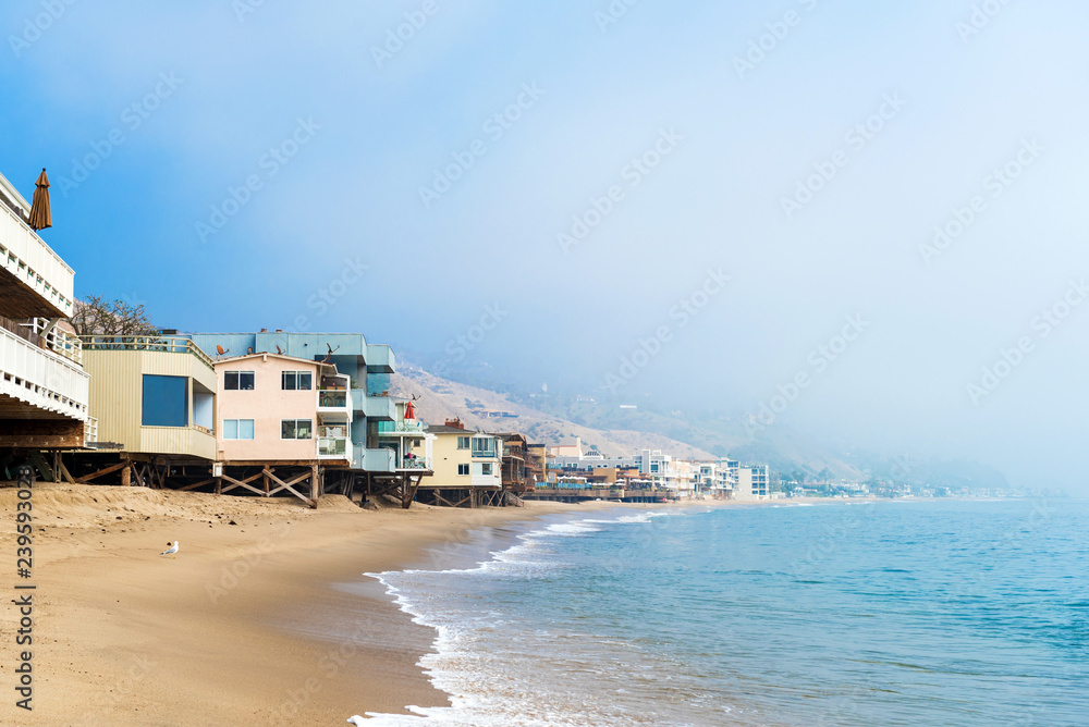 View of the sandy beach in Malibu, California, USA. Copy space for text.