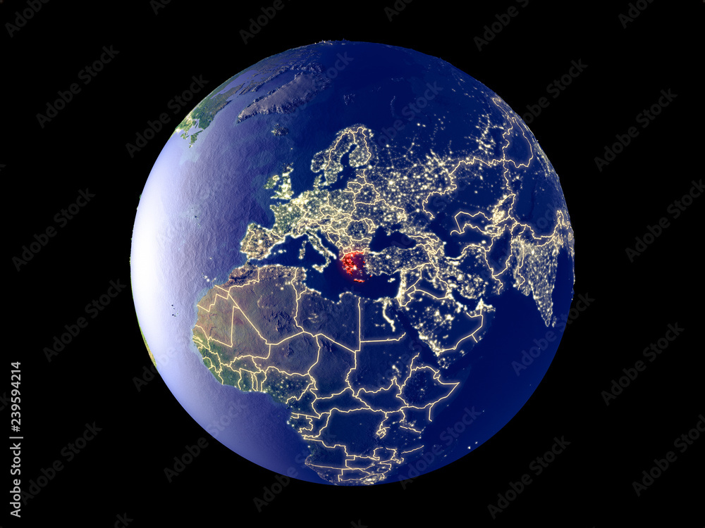 Naklejka premium Greece from space on model of planet Earth with city lights. Very fine detail of the plastic planet surface and cities.