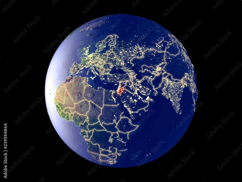 Naklejka premium Jordan from space on model of planet Earth with city lights. Very fine detail of the plastic planet surface and cities.