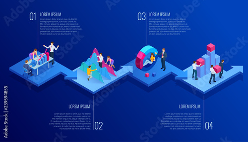 Isometric presentation business infographics template with 4 options. Business data visualization, digital marketing, strategy, marketing, technologies. Process chart. Creative concept for infographic