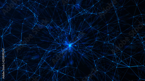 Connected polygons plexus geometric background. Abstract digital background with cybernetic particles. Big data background. 3d rendering.