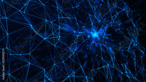 Connected polygons plexus geometric background. Abstract digital background with cybernetic particles. Big data background. 3d rendering.