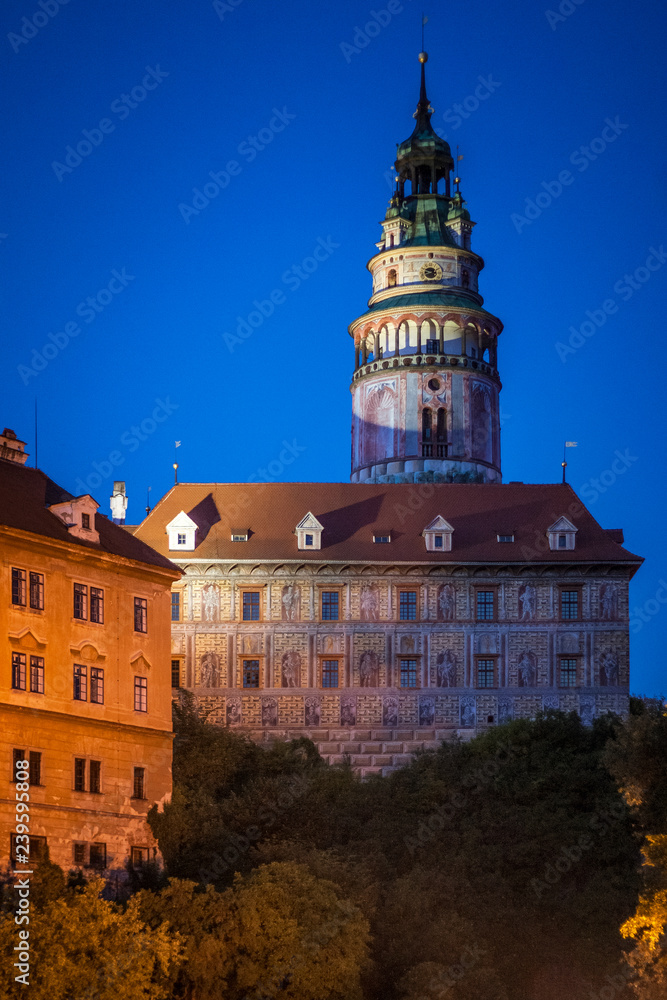 Obraz premium Night view of castle in medieval city Cesky Krumlov, Czech republic, Europe.