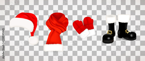 Collection of traditional red Santa Claus clothes, hat with fluffy fur pompon, scarf with snow, mittens and black boots isolated on transparent background. Vector illustration photo