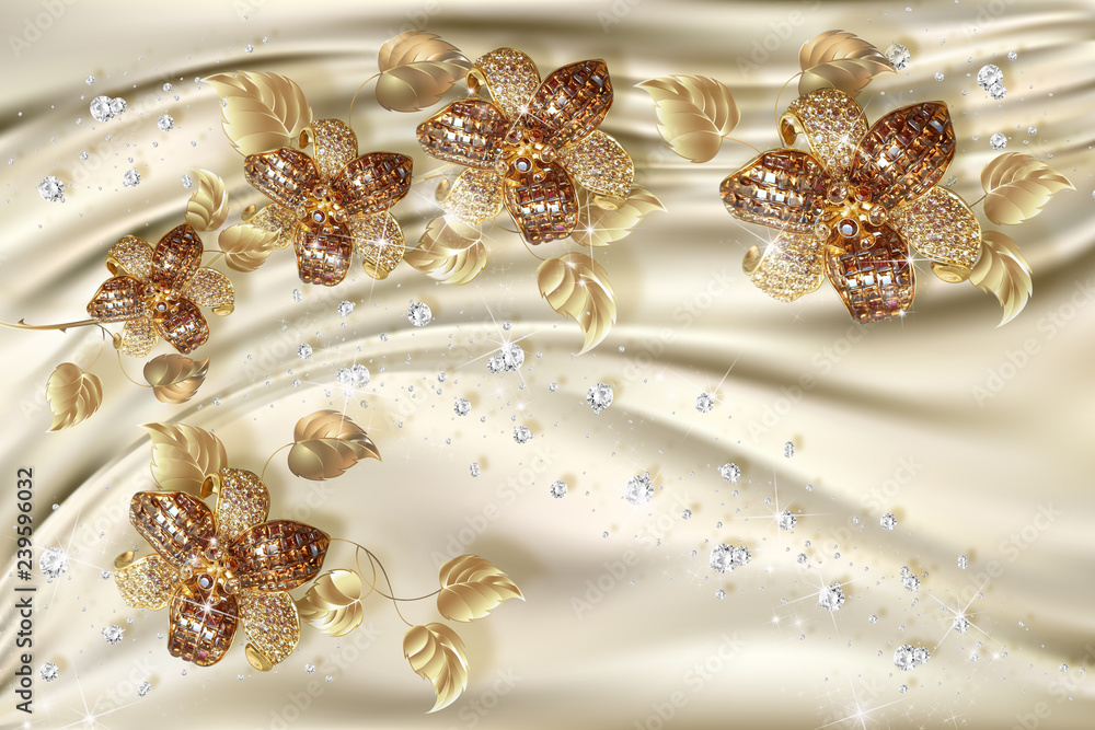 3D wallpaper, gold jewelry flowers on silk background. Celebration 3d  background Stock Illustration | Adobe Stock
