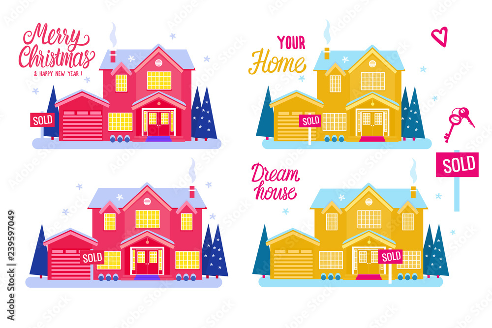 Set Flat House two story cottage for sale. Sold sign. Vector illustration isolated on white background. Winter magical exterior. Merry Christmas and Happy New Year Card. Dream Home.