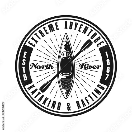 Kayaking round black vector emblem isolated