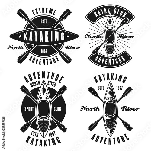 Kayaking set of four vector monochrome emblems