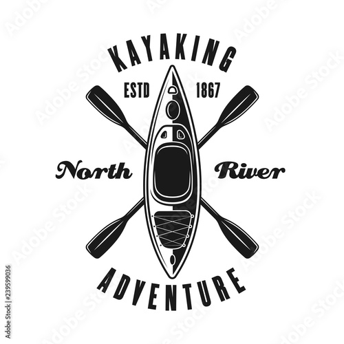 Kayak and two crossed paddles vector black emblem