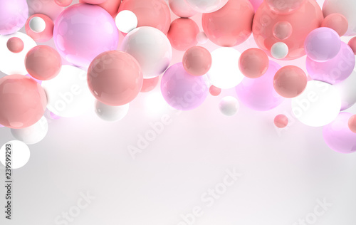 Fototapeta Naklejka Na Ścianę i Meble -  3d rendering of floating polished pink, purple and white spheres, ceiling lighting on white background. Abstract geometric composition. Group of balls in pastel colors with soft light and shadows