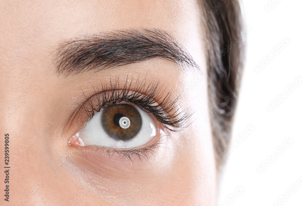 Young woman with beautiful eyelashes on white background, closeup view Young woman with beautiful eyelashes on white background, closeup view