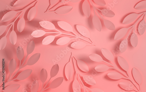 Paper branches with leaves pastel colored background. Trendy origami paper cut style illustration. 3d render